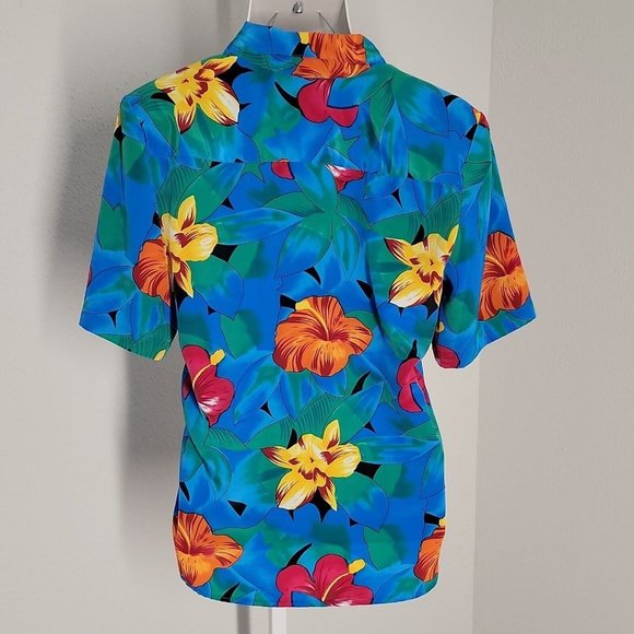 Tan Jay Vintage Button Up Collared Shirt ~ Sz 10 ~ Blue ~ Floral ~ Short Sleeve - Picture 3 of 4